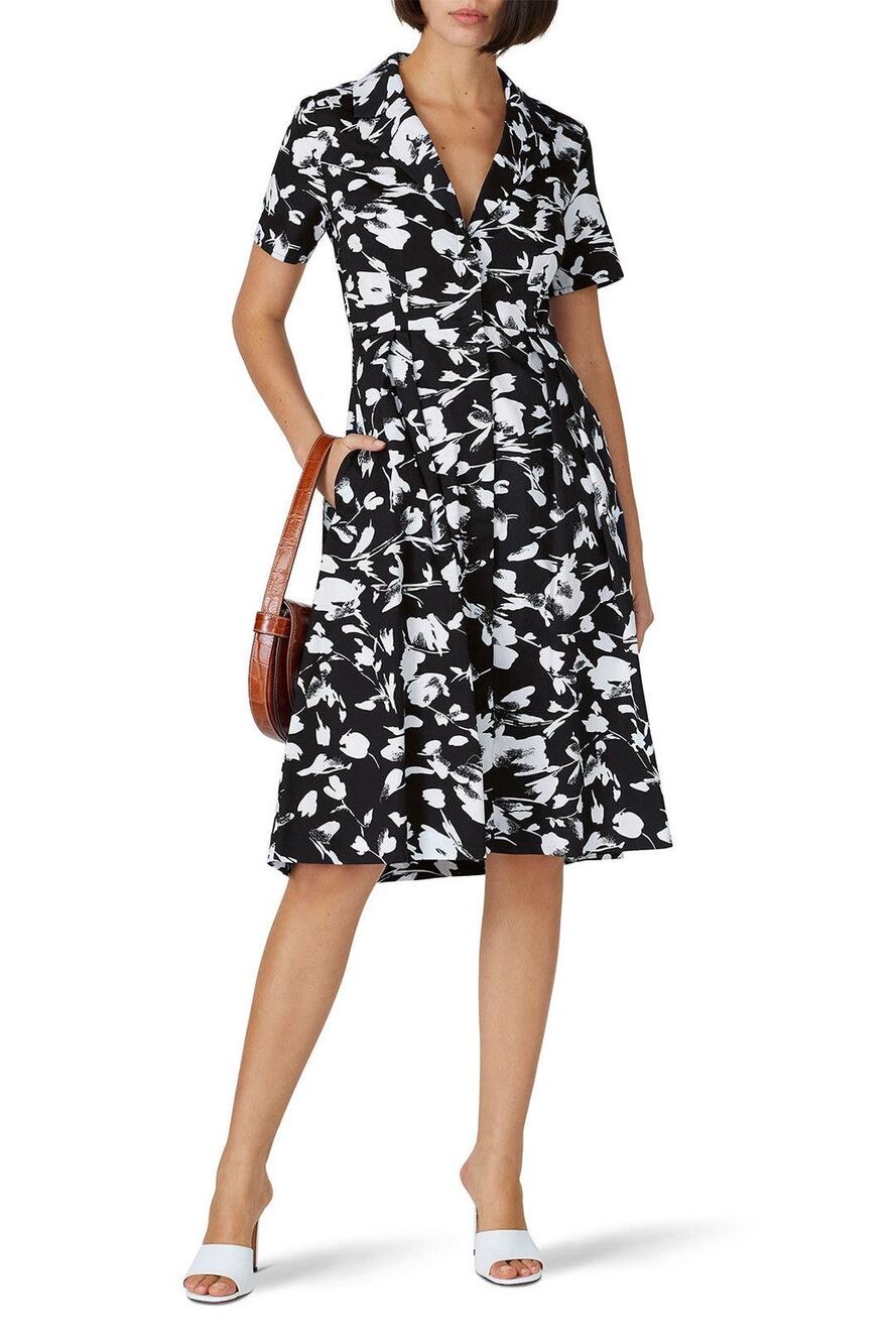JASON WU Black White Brushstroke Floral 100% Cotton Button Placket Dress Size 2